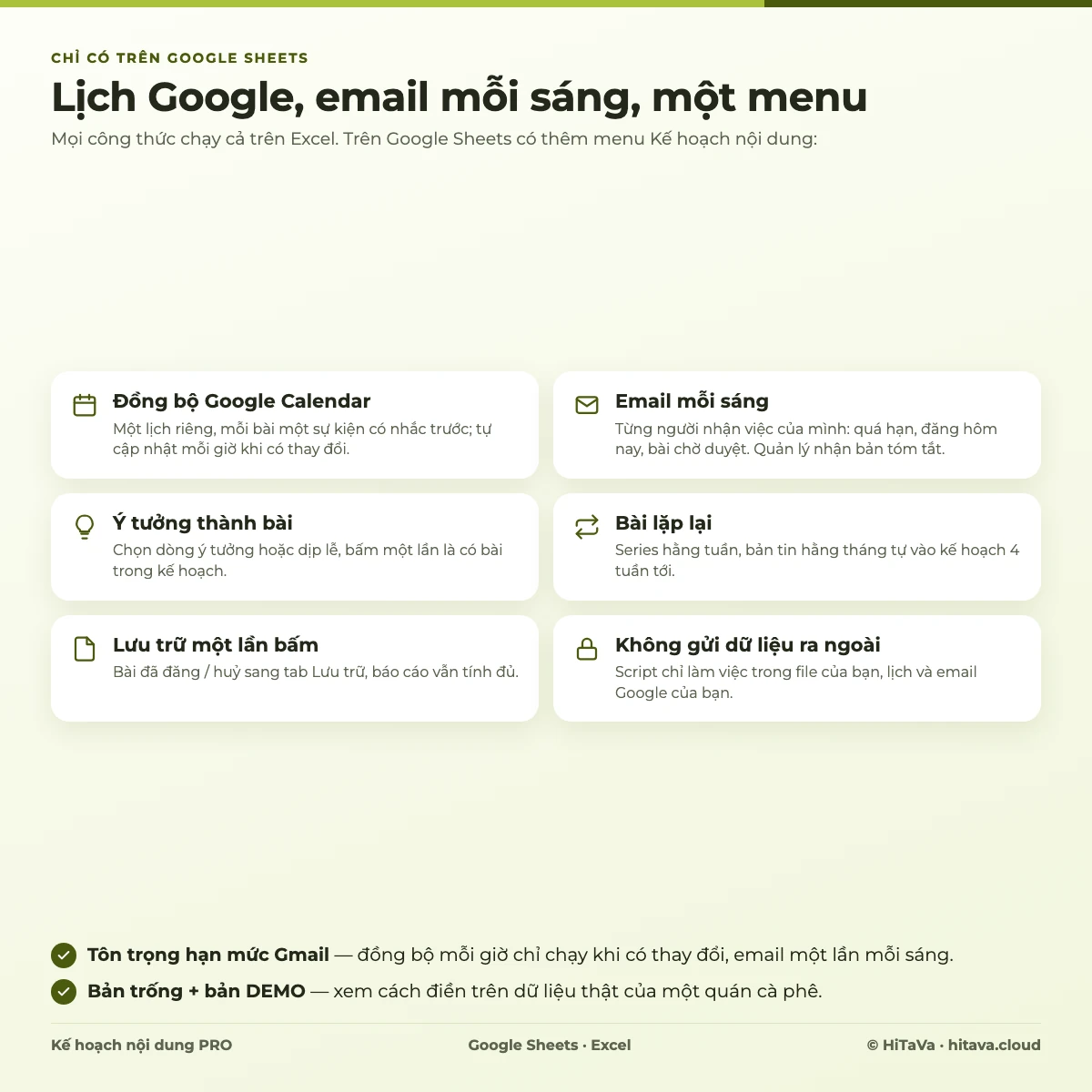 Tính năng trên Google Sheets: đồng bộ Google Calendar, email mỗi sáng, chuyển ý tưởng thành bài, bài lặp lại, lưu trữ