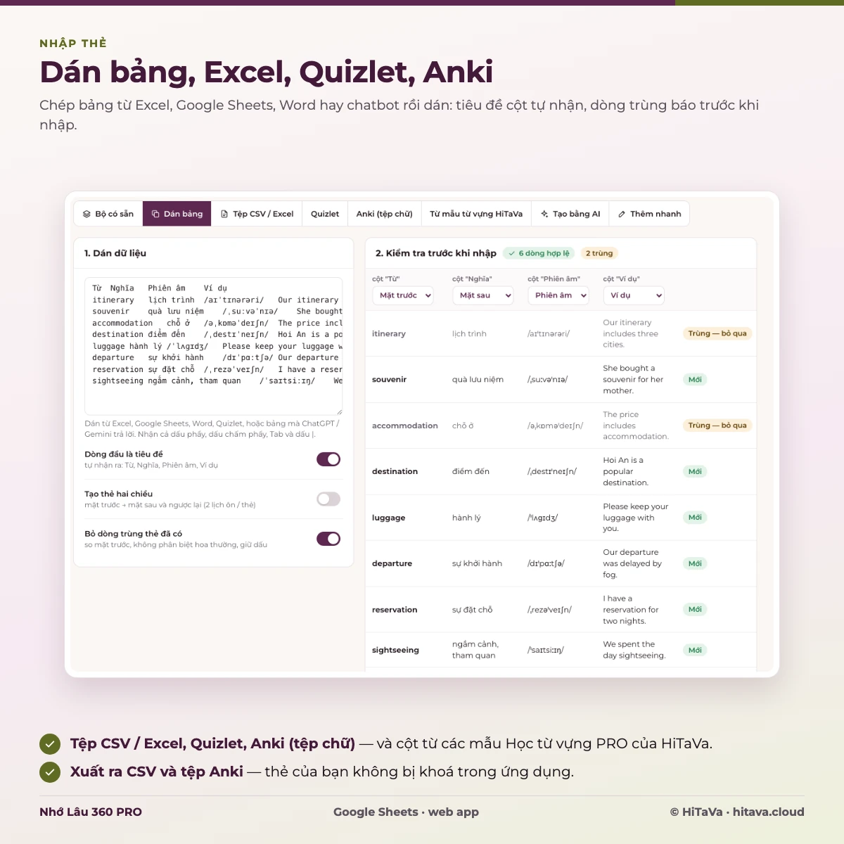 Nhập thẻ: dán bảng từ Excel tự nhận tiêu đề cột, báo dòng trùng trước khi nhập; có thêm tệp CSV / Excel, Quizlet, Anki