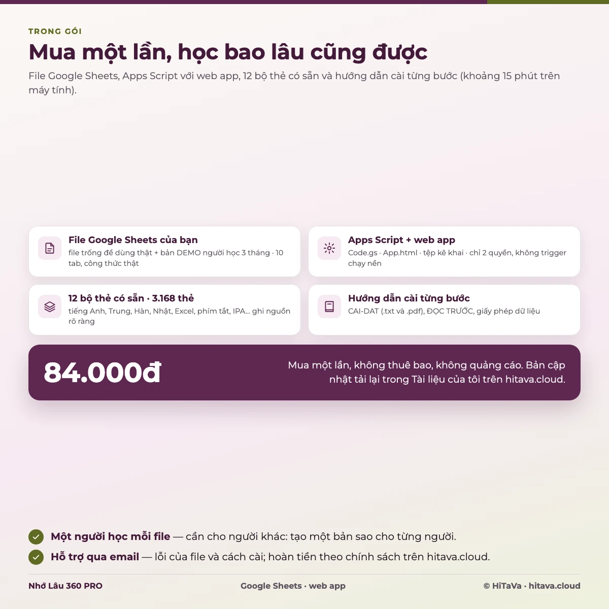 Nhớ Lâu 360 PRO giá 84.000đ, mua một lần: file Google Sheets, Apps Script và web app, 12 bộ thẻ có sẵn, hướng dẫn cài từng bước
