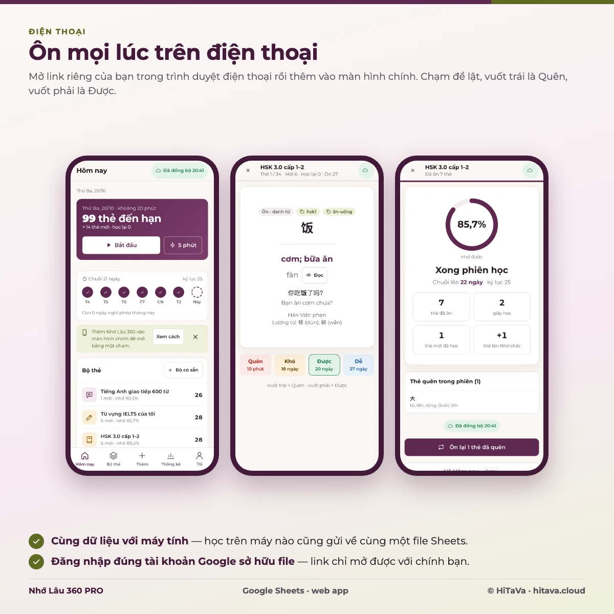 Nhớ Lâu 360 trên điện thoại: trang Hôm nay, thẻ HSK lật bằng một chạm, vuốt trái Quên, vuốt phải Được, tổng kết phiên