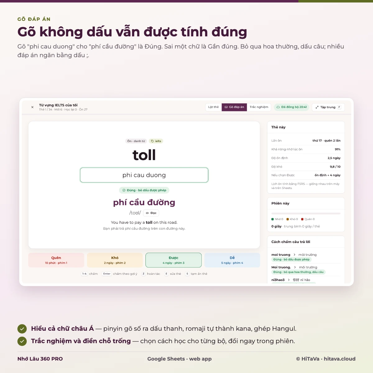Chế độ gõ đáp án: gõ "phi cau duong" không dấu vẫn được tính Đúng cho "phí cầu đường", kèm bảng cách chấm câu trả lời