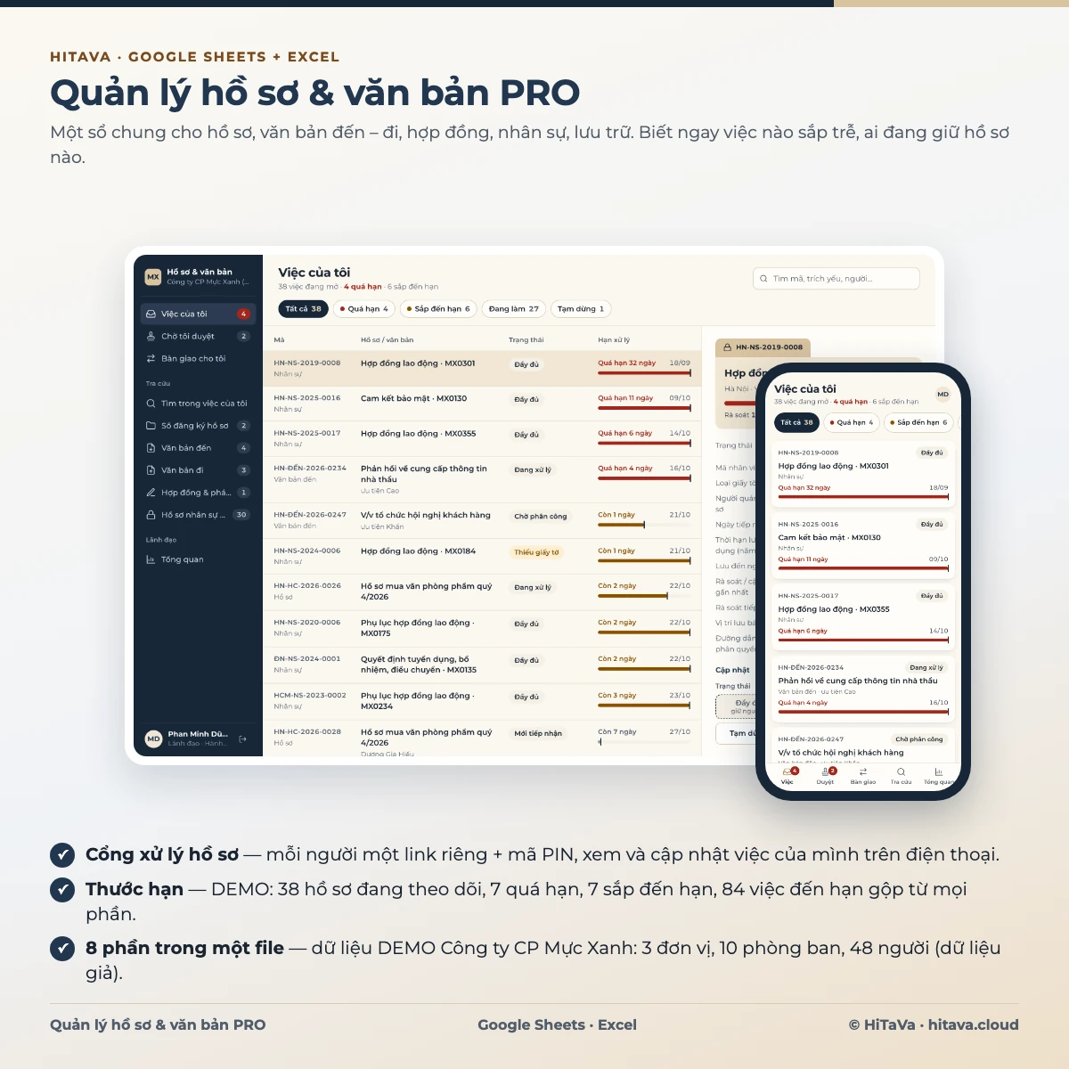Cổng xử lý hồ sơ trên máy tính và điện thoại: Việc của tôi với thước hạn, quá hạn và sắp đến hạn, khung chi tiết hồ sơ