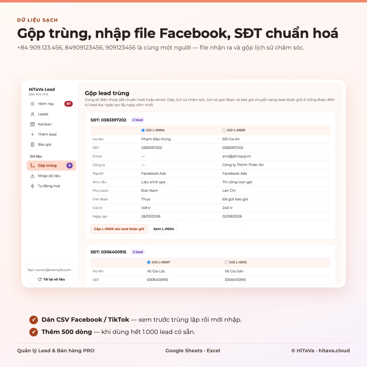 Gộp lead trùng, chuẩn hoá số điện thoại