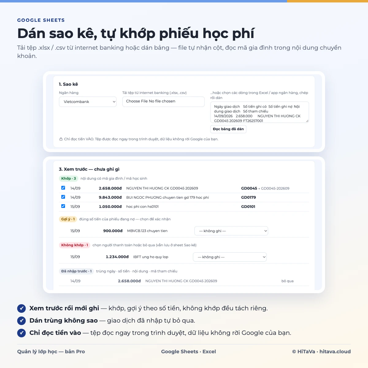 Dán sao kê ngân hàng .xlsx/.csv, file tự khớp nội dung chuyển khoản với phiếu học phí