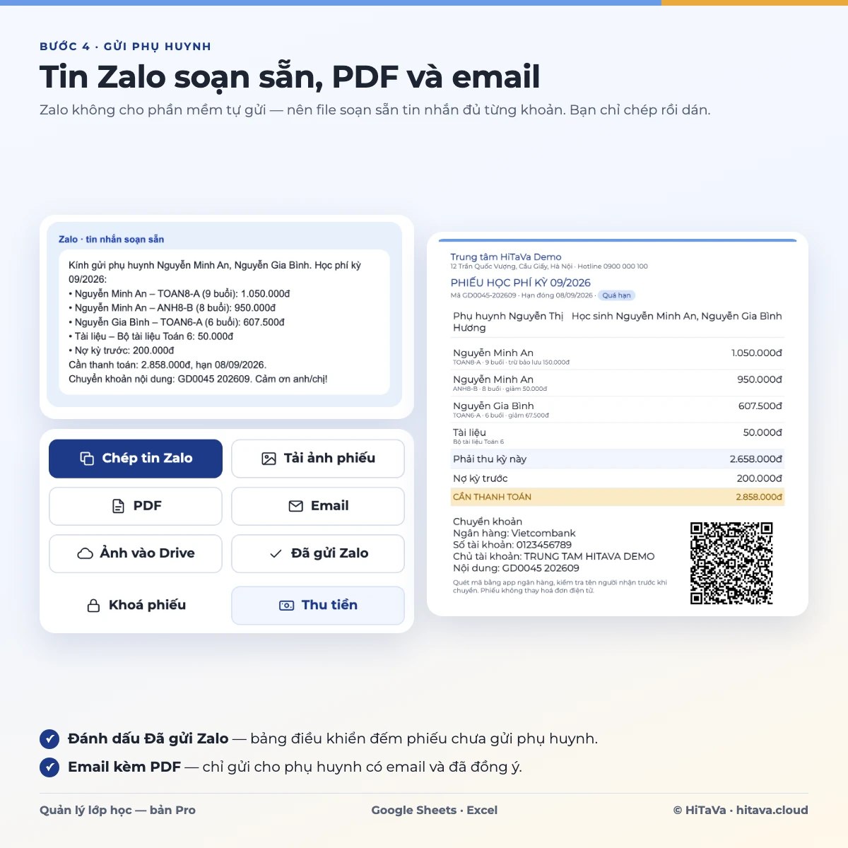 Tin nhắn Zalo soạn sẵn đủ từng khoản, nút chép tin, tải ảnh phiếu, PDF, email và mẫu phiếu học phí
