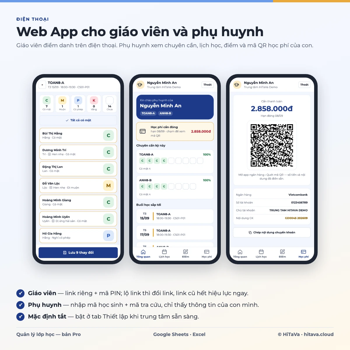 Web App điện thoại: giáo viên điểm danh, phụ huynh xem chuyên cần, lịch học và mã QR học phí