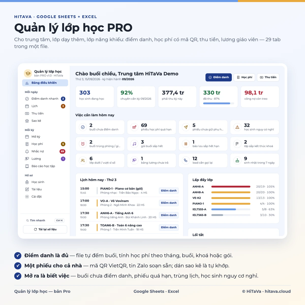 Quản lý lớp học PRO: ảnh màn hình mẫu Google Sheets