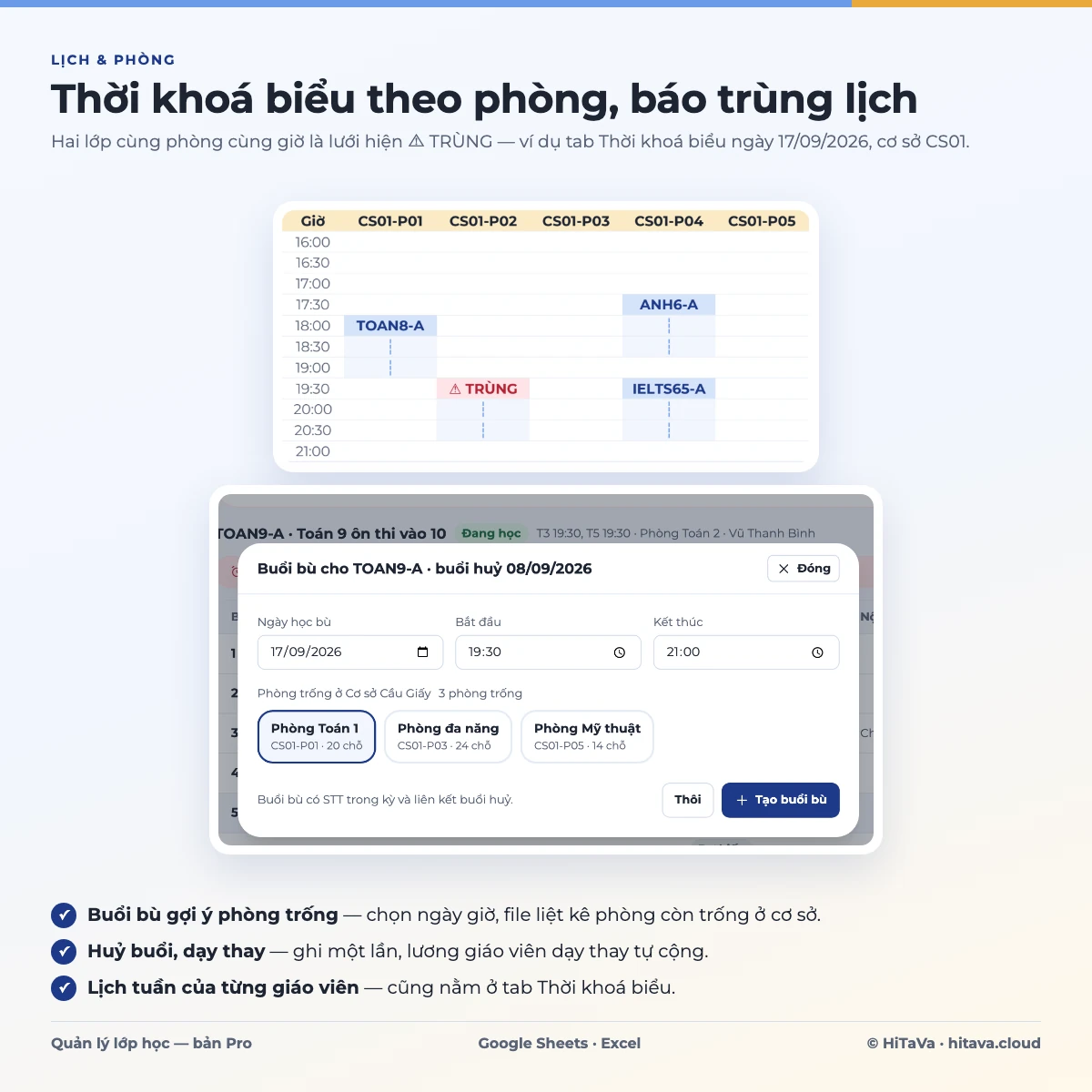 Thời khoá biểu theo phòng báo trùng lịch và hộp thoại tạo buổi bù gợi ý phòng trống