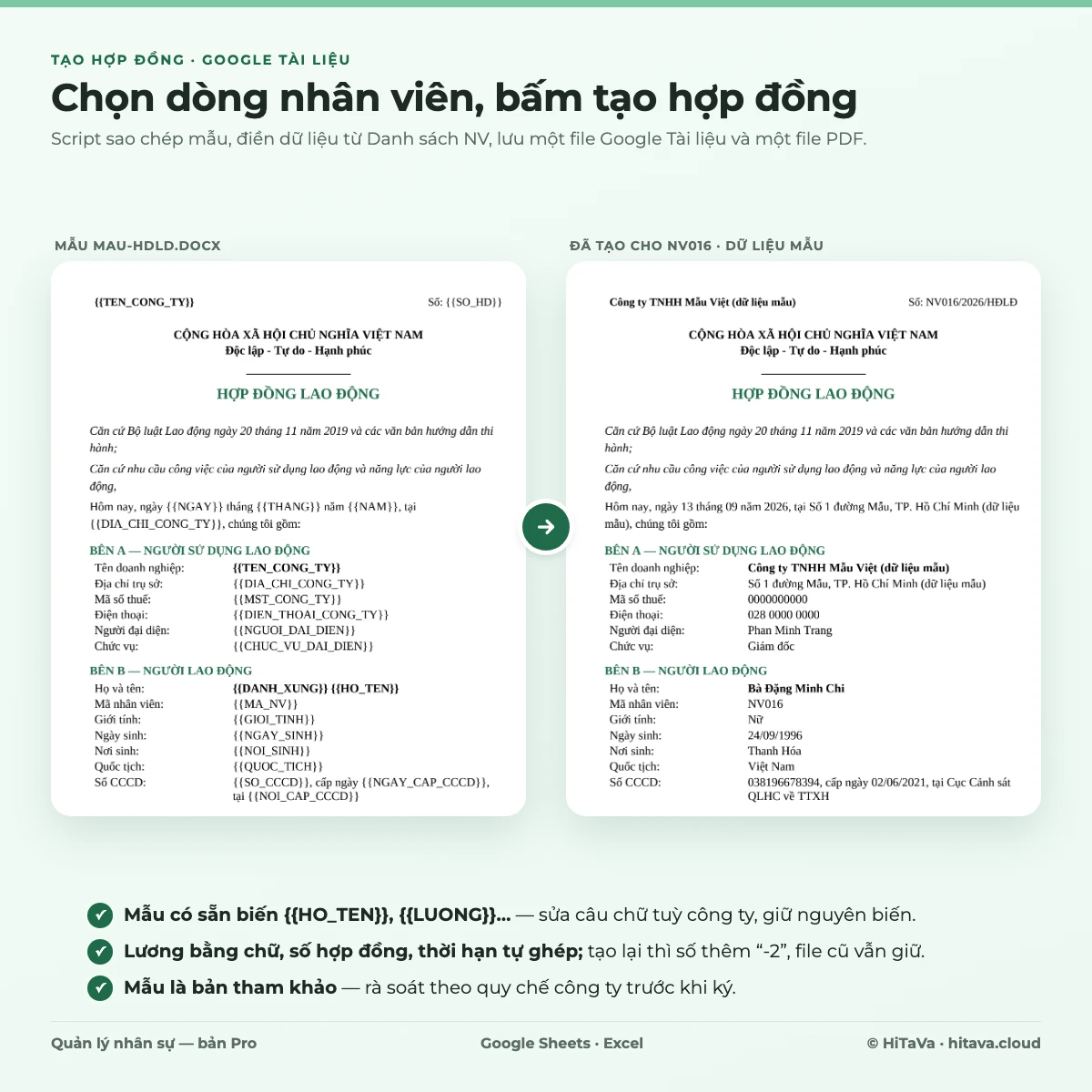 Mẫu hợp đồng lao động có biến và bản đã điền dữ liệu nhân viên mẫu sau khi bấm tạo