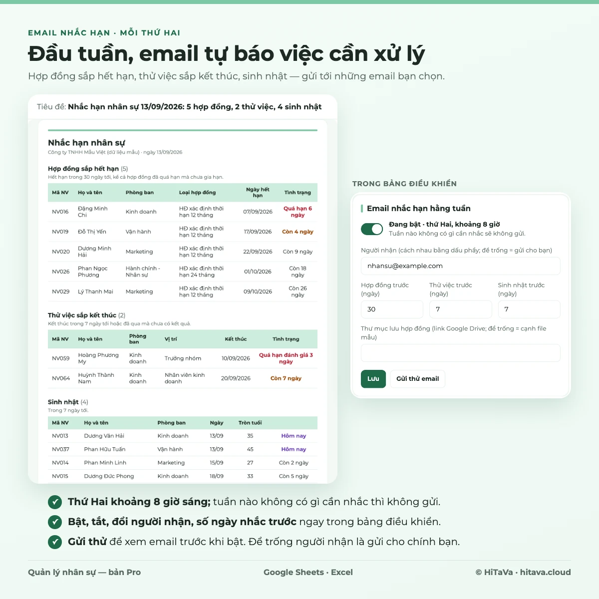 Email nhắc hạn mỗi thứ Hai: hợp đồng, thử việc, sinh nhật; bật tắt và chọn người nhận