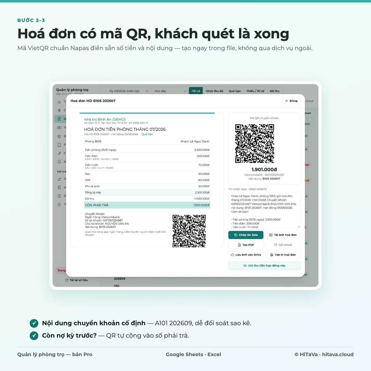 Hoá đơn tiền phòng có mã QR VietQR chuyển khoản, nợ kỳ trước, đã thu, còn phải trả