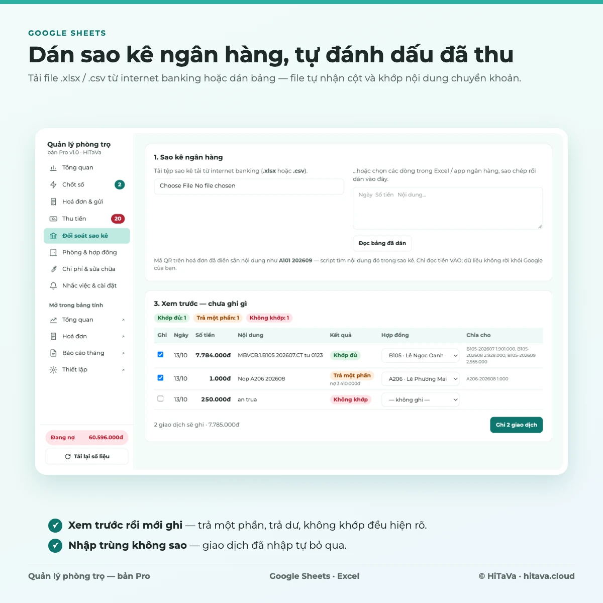 Đối soát sao kê ngân hàng: khớp nội dung chuyển khoản với hoá đơn, xem trước rồi ghi thu